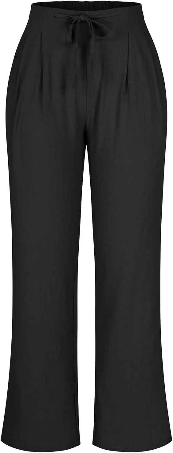Women's Linen Blend Drawstring Wide Leg Pant Baggy Pants with Elastic Waist Relax Fit Lantern Trouser 2024 Summer Pants