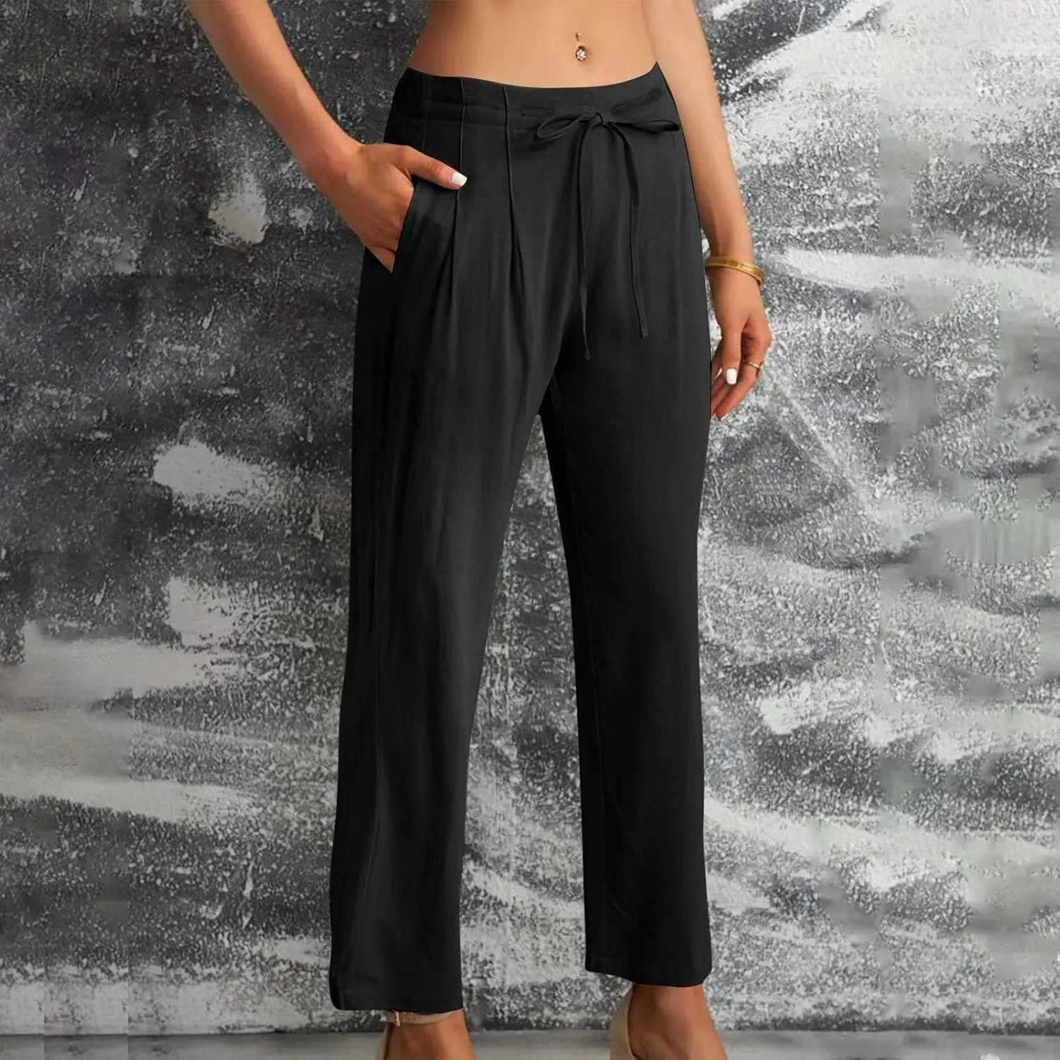 Women's Linen Blend Drawstring Wide Leg Pant Baggy Pants with Elastic Waist Relax Fit Lantern Trouser 2024 Summer Pants
