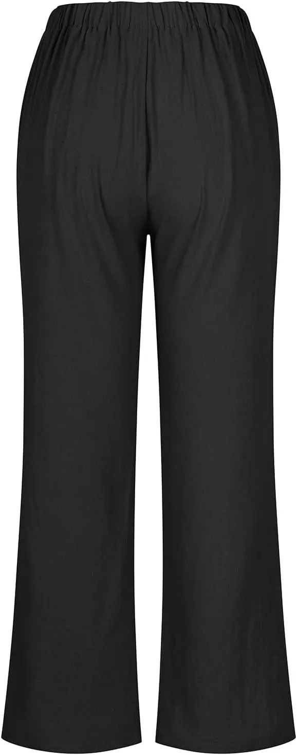Women's Linen Blend Drawstring Wide Leg Pant Baggy Pants with Elastic Waist Relax Fit Lantern Trouser 2024 Summer Pants