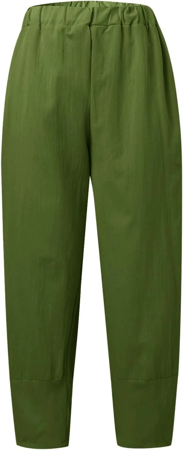 Womens Linen Blend Summer Baggy Pants Elastic Waist Stretchy Straight Plus Size Pant Trousers Beach