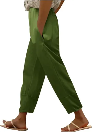 Womens Linen Blend Summer Baggy Pants Elastic Waist Stretchy Straight Plus Size Pant Trousers Beach