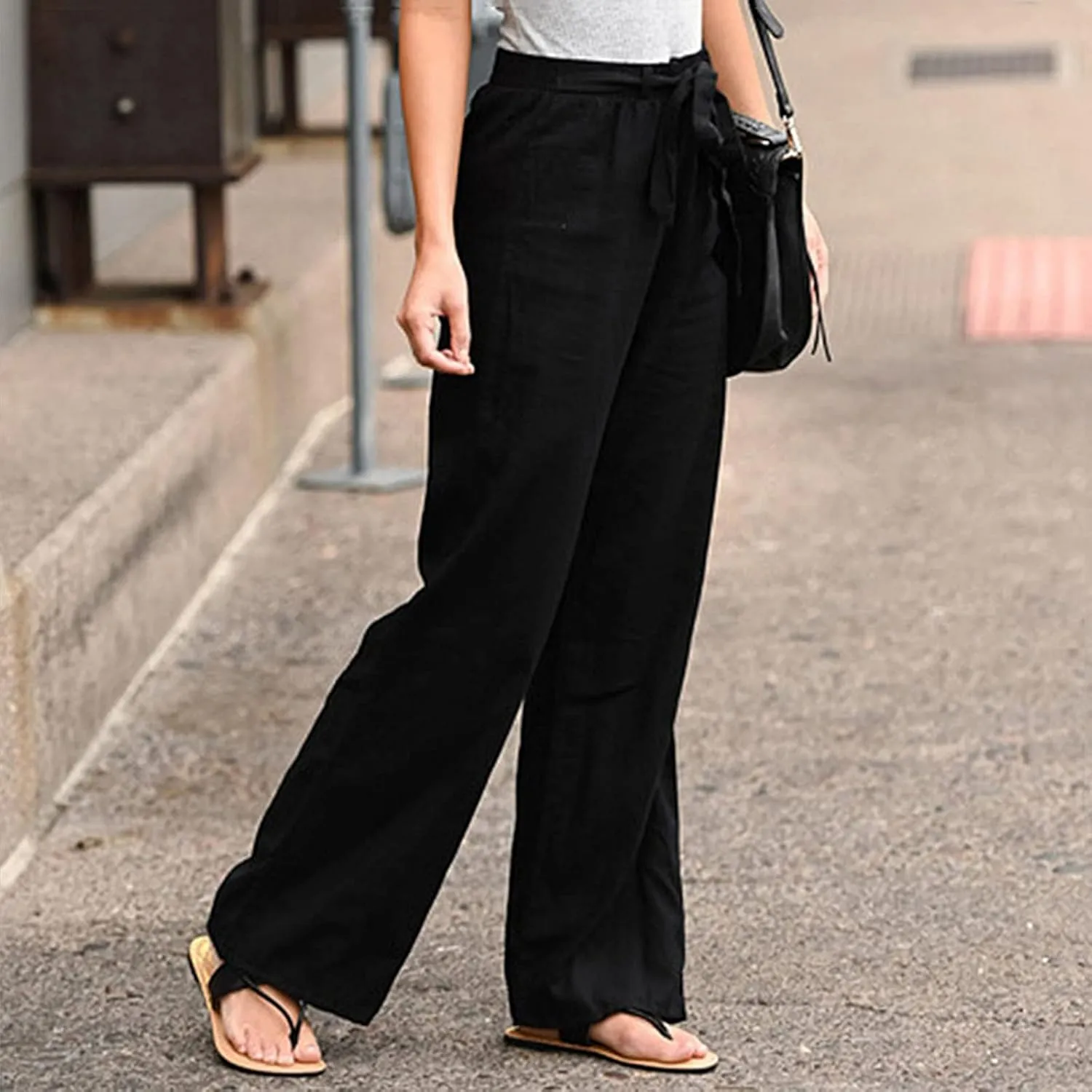 Women's Linen Blend Summer Casual Flowy Palazzo Lounge Pants Elastic Waisted Stretchy Straight Loose Fit