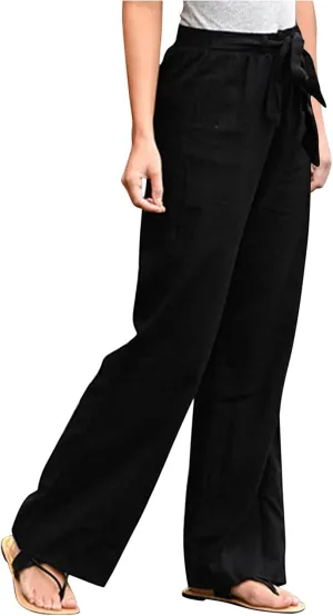 Women's Linen Blend Summer Casual Flowy Palazzo Lounge Pants Elastic Waisted Stretchy Straight Loose Fit