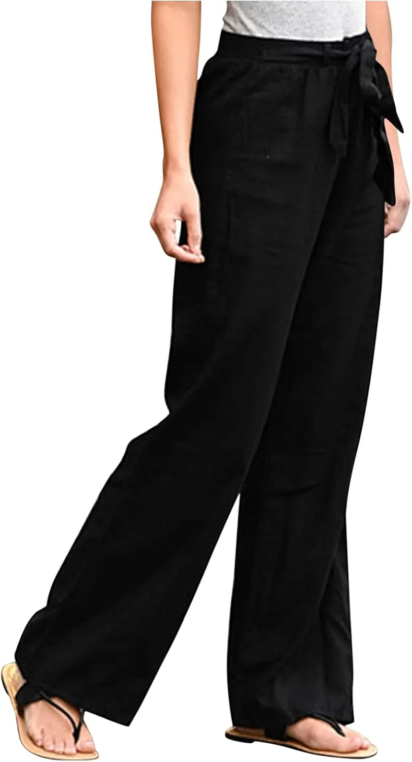 Women's Linen Blend Summer Casual Flowy Palazzo Lounge Pants Elastic Waisted Stretchy Straight Loose Fit