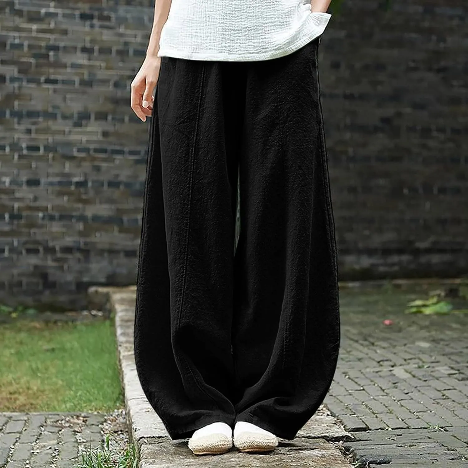 Women's Linen Blend Summer Cropped Palazzo Pants Elastic Waisted Long Lounge Plus Size Palazzo Lounge Pants Office