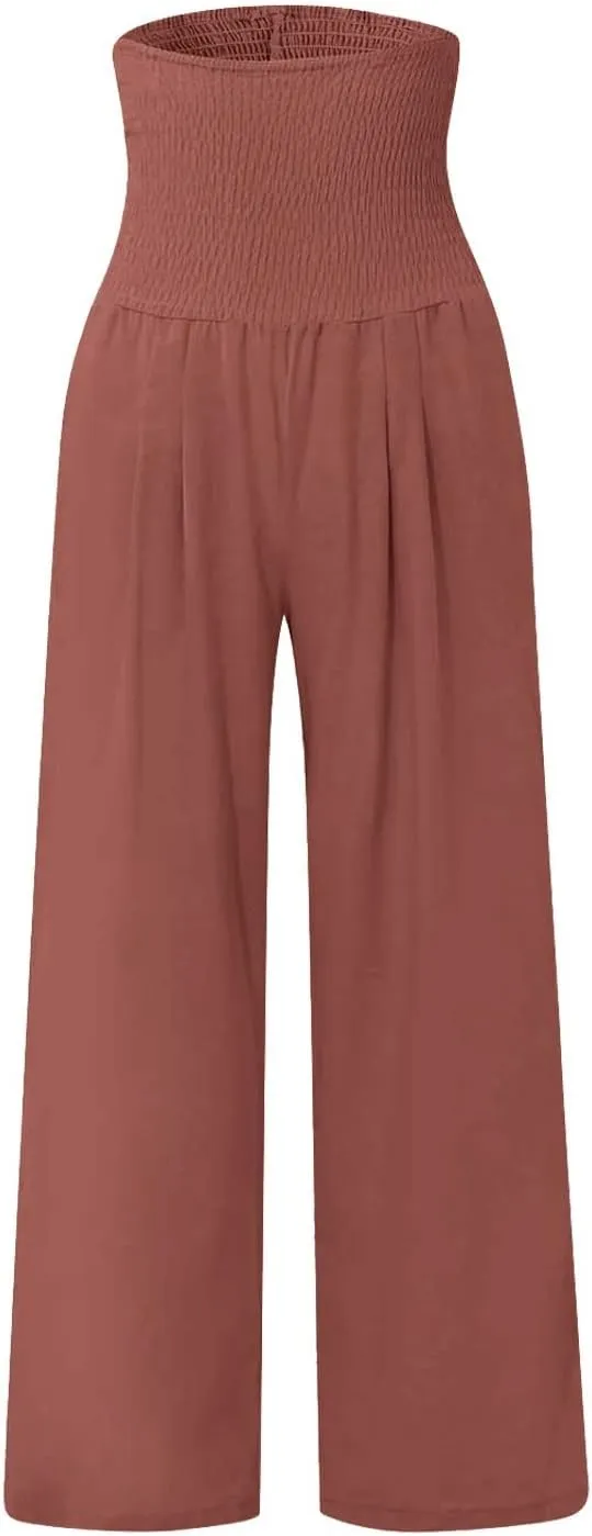 Women's Linen Blend Summer Floral Palazzo Pants Elastic Waist Ankle Length Loose Fit Trouser Trendy