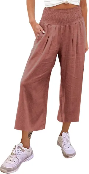 Women's Linen Blend Summer Floral Palazzo Pants Elastic Waist Ankle Length Loose Fit Trouser Trendy