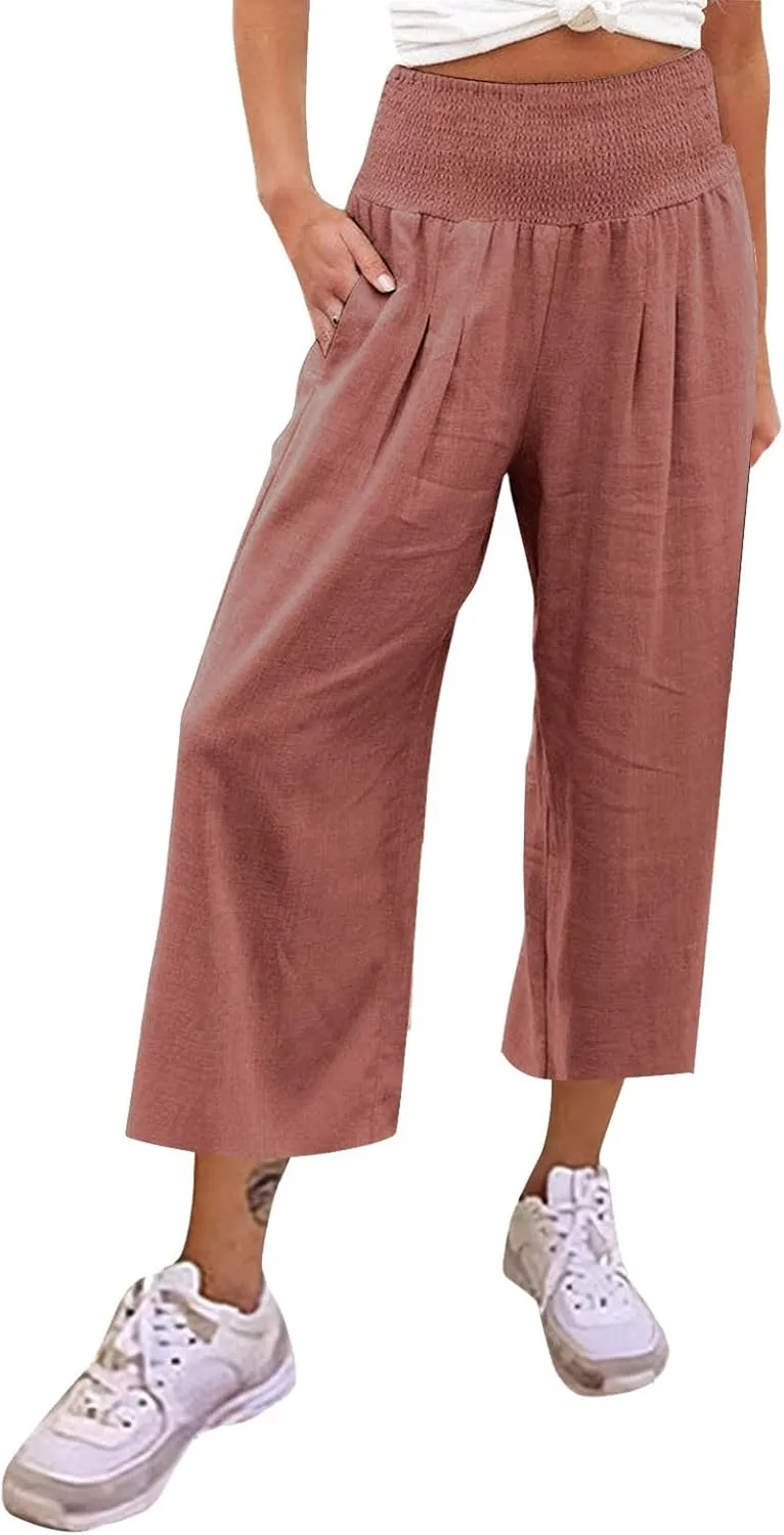Women's Linen Blend Summer Floral Palazzo Pants Elastic Waist Ankle Length Loose Fit Trouser Trendy