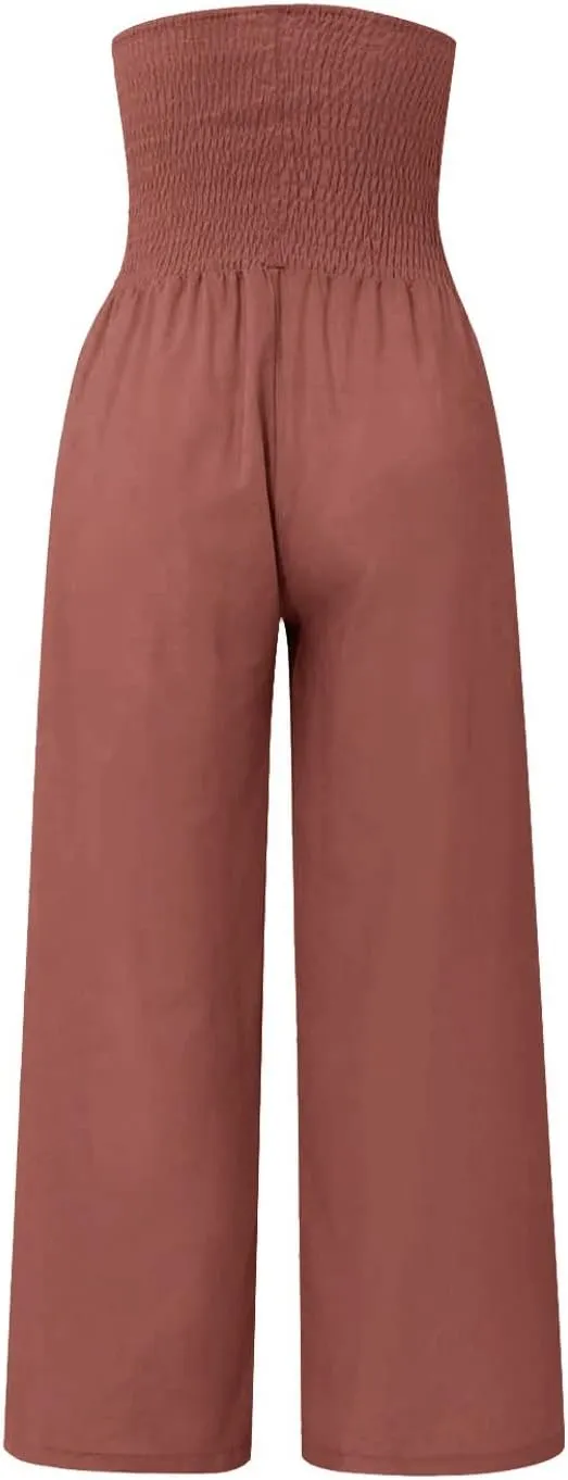 Women's Linen Blend Summer Floral Palazzo Pants Elastic Waist Ankle Length Loose Fit Trouser Trendy