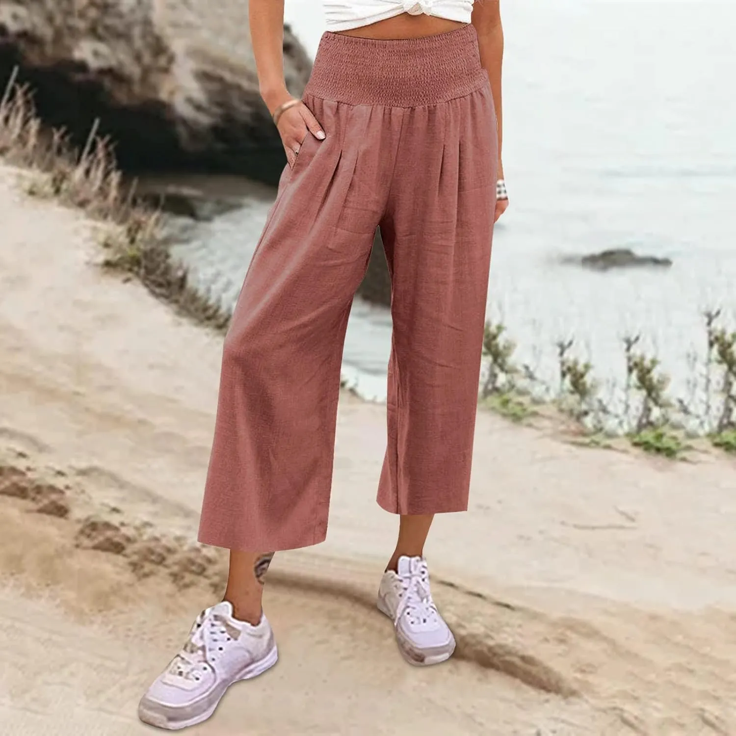 Women's Linen Blend Summer Floral Palazzo Pants Elastic Waist Ankle Length Loose Fit Trouser Trendy