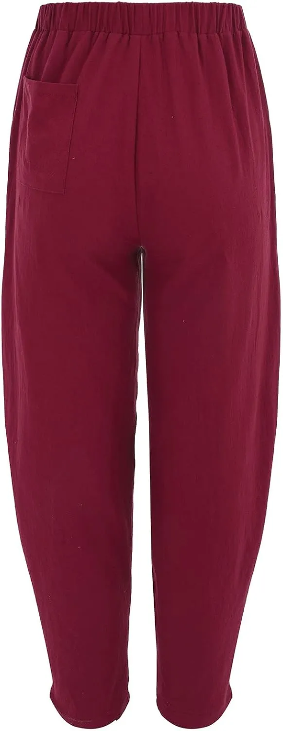 Women's Linen Blend Summer Flowy Palazzo Pants Elastic Waist Bootcut Plus Size Pant Trousers Travel