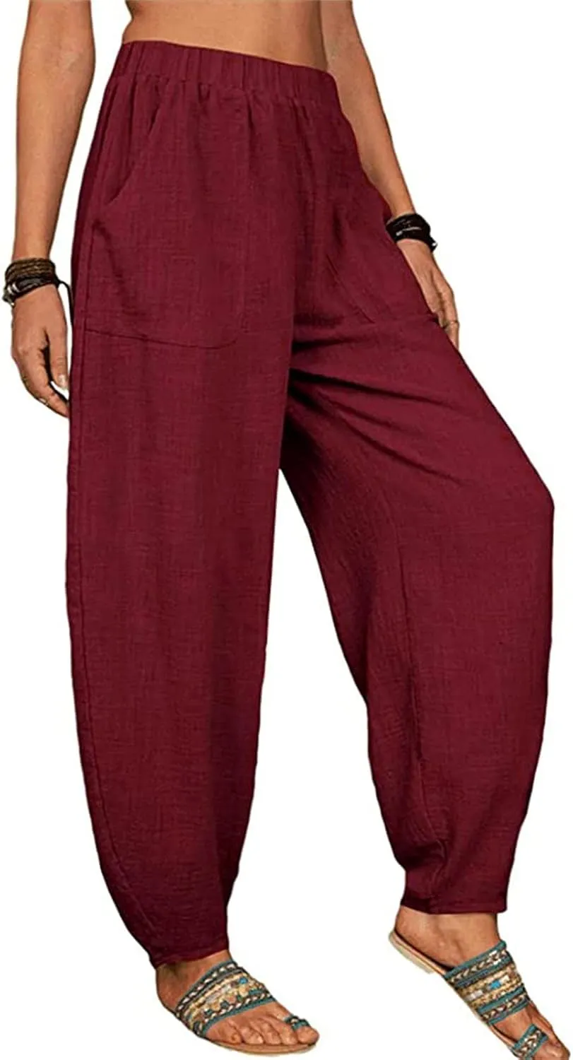 Women's Linen Blend Summer Flowy Palazzo Pants Elastic Waist Bootcut Plus Size Pant Trousers Travel