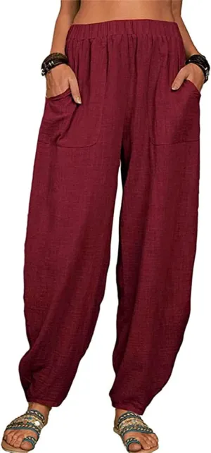 Women's Linen Blend Summer Flowy Palazzo Pants Elastic Waist Bootcut Plus Size Pant Trousers Travel