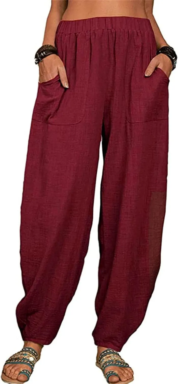 Women's Linen Blend Summer Flowy Palazzo Pants Elastic Waist Bootcut Plus Size Pant Trousers Travel