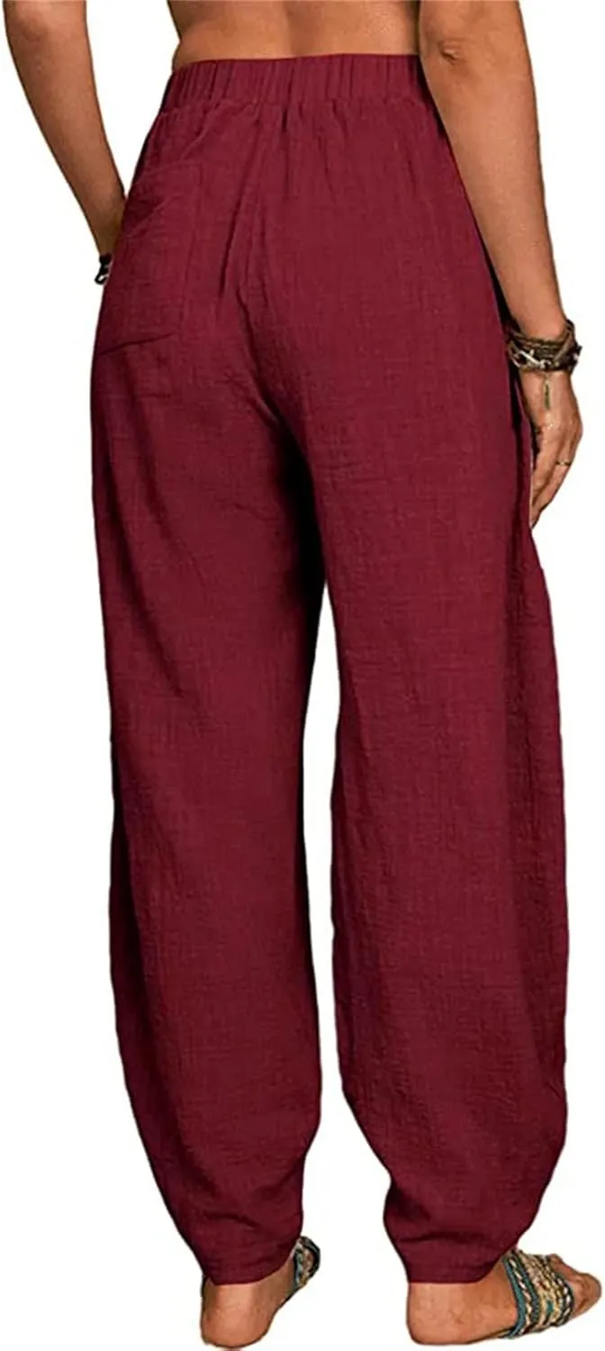 Women's Linen Blend Summer Flowy Palazzo Pants Elastic Waist Bootcut Plus Size Pant Trousers Travel