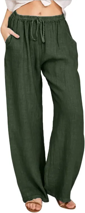 Women's Linen Blend Summer Flowy Palazzo Pants Low Waist Lounge Pants Plus Size Palazzo Pants Vacation