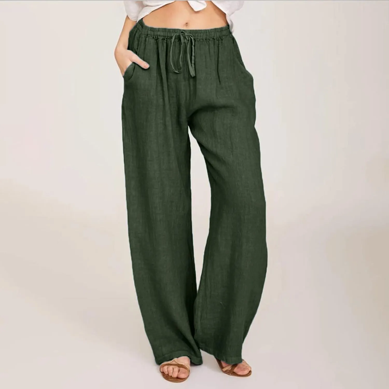 Women's Linen Blend Summer Flowy Palazzo Pants Low Waist Lounge Pants Plus Size Palazzo Pants Vacation