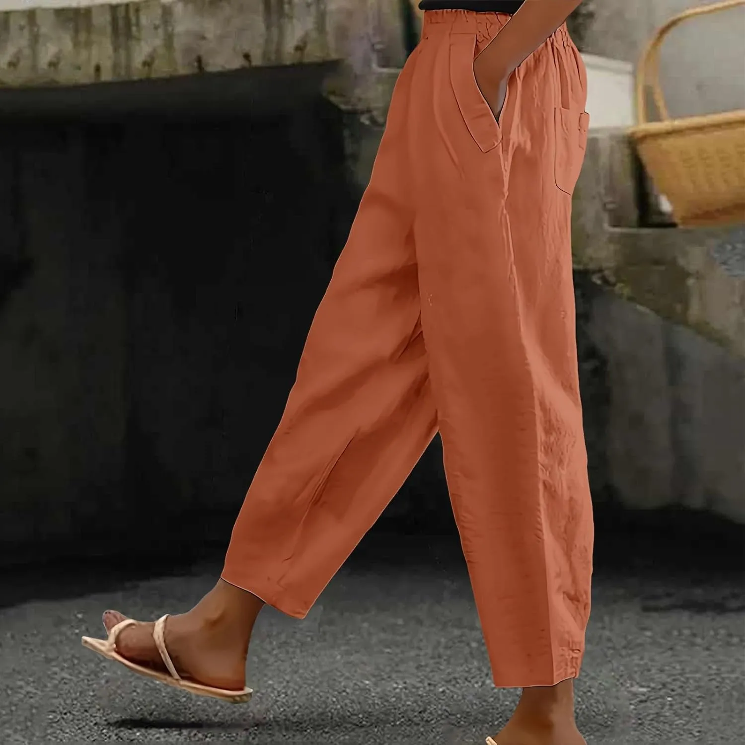 Women's Linen Boho Pants Loose Elastic Waist Wide Leg Lounge Harem Pants Summer Casual Beach Travel Vacation Trousers
