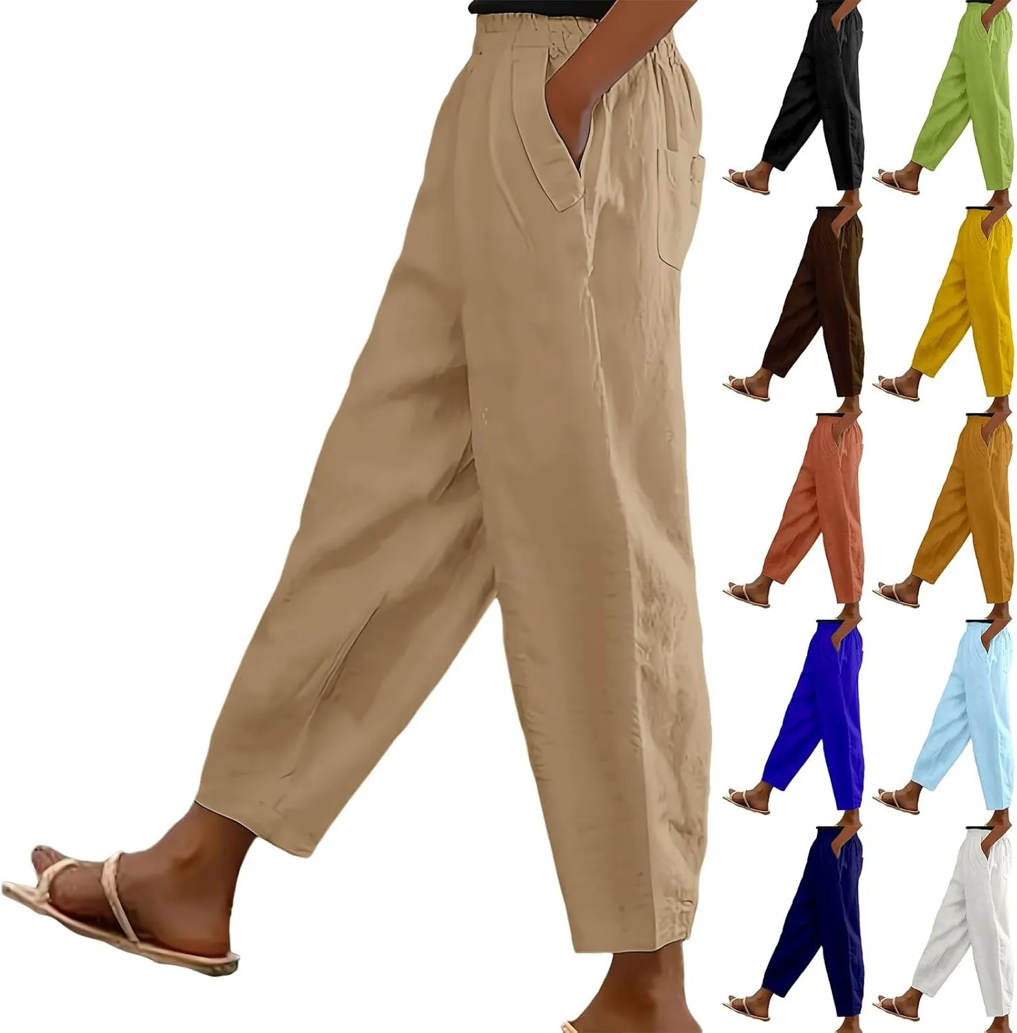 Women's Linen Boho Pants Loose Elastic Waist Wide Leg Lounge Harem Pants Summer Casual Beach Travel Vacation Trousers