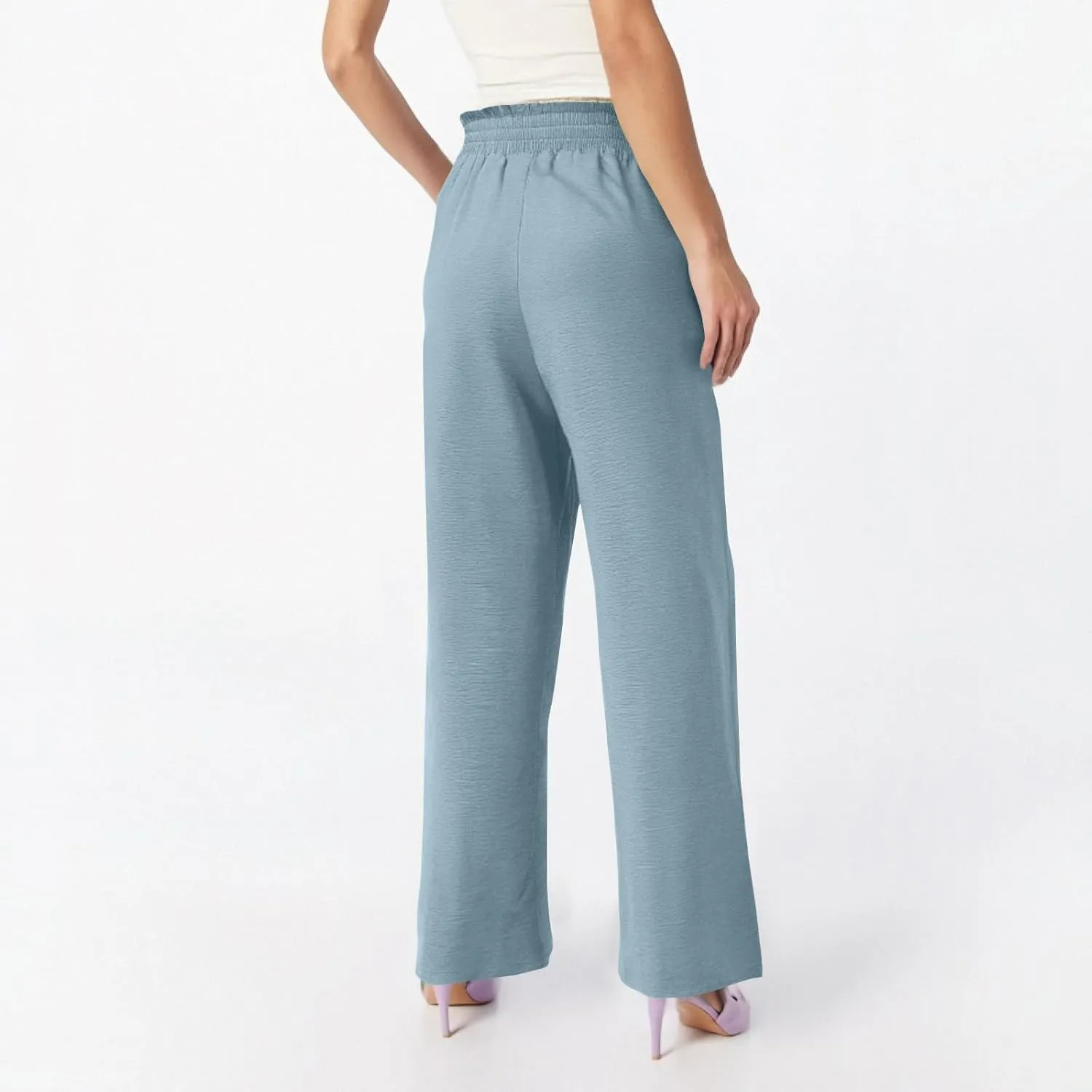 Women's Linen Cotton High Waist Straight Wide Leg Pants Adjustable Elastic Waist Palazzo Work Pants with Pockets