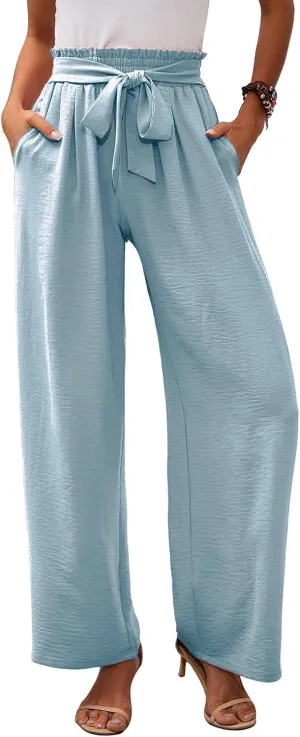 Women's Linen Cotton High Waist Straight Wide Leg Pants Adjustable Elastic Waist Palazzo Work Pants with Pockets