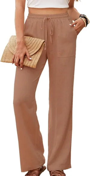 Womens Linen High Waisted Pants Boho Wide Leg Palazzo Beach Pants Drawstring Trousers Summer Outfits