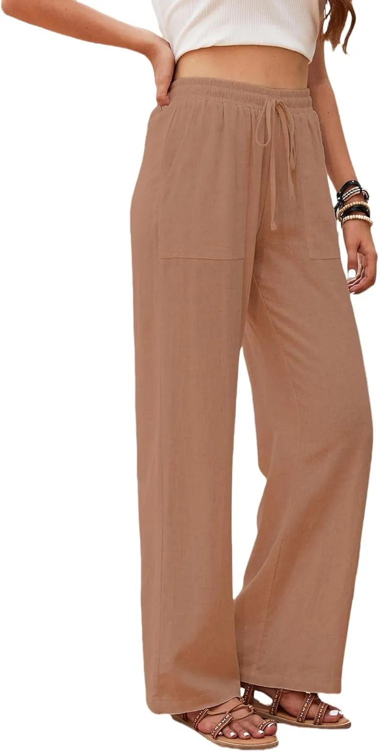 Womens Linen High Waisted Pants Boho Wide Leg Palazzo Beach Pants Drawstring Trousers Summer Outfits