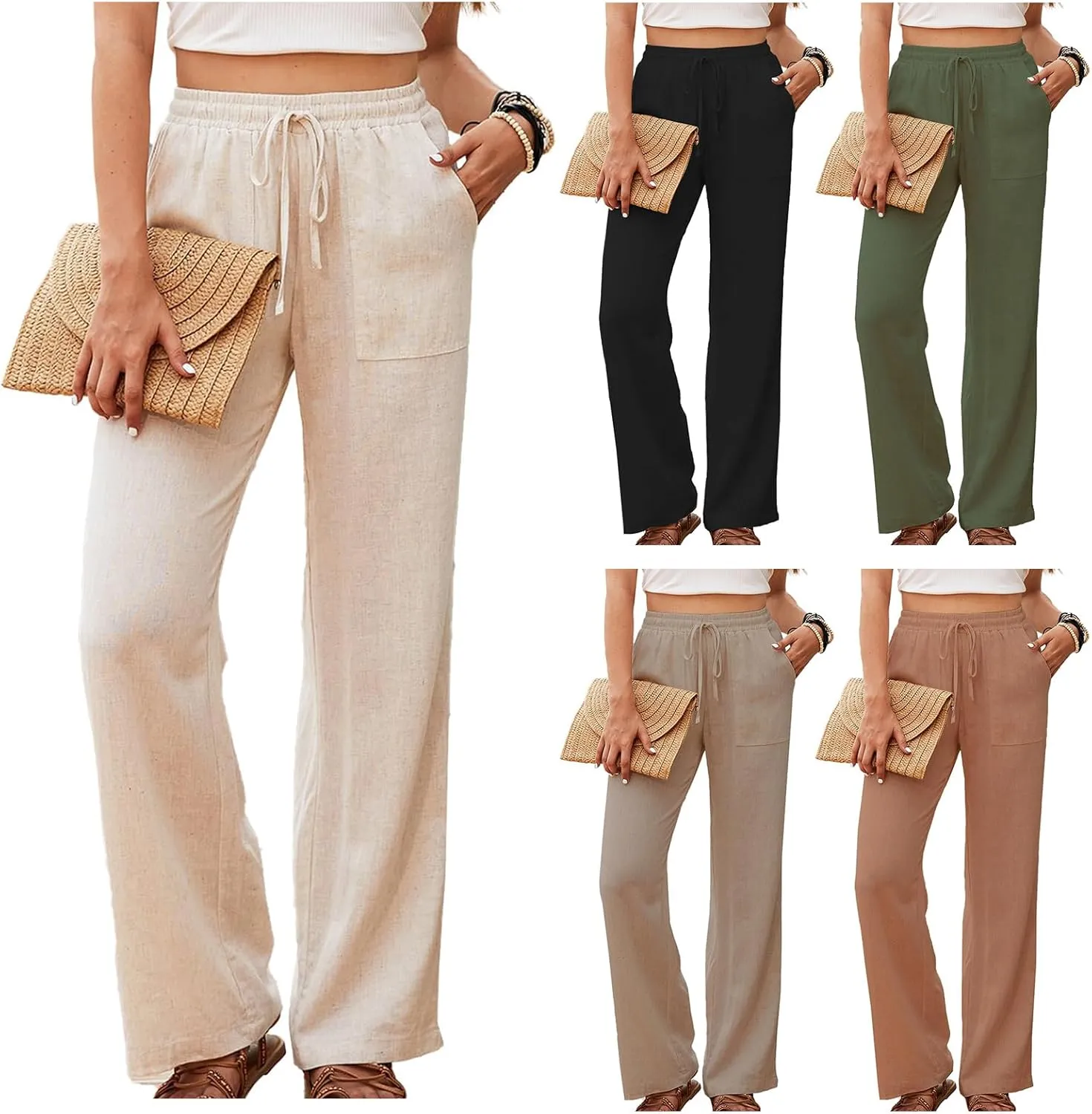 Womens Linen High Waisted Pants Boho Wide Leg Palazzo Beach Pants Drawstring Trousers Summer Outfits