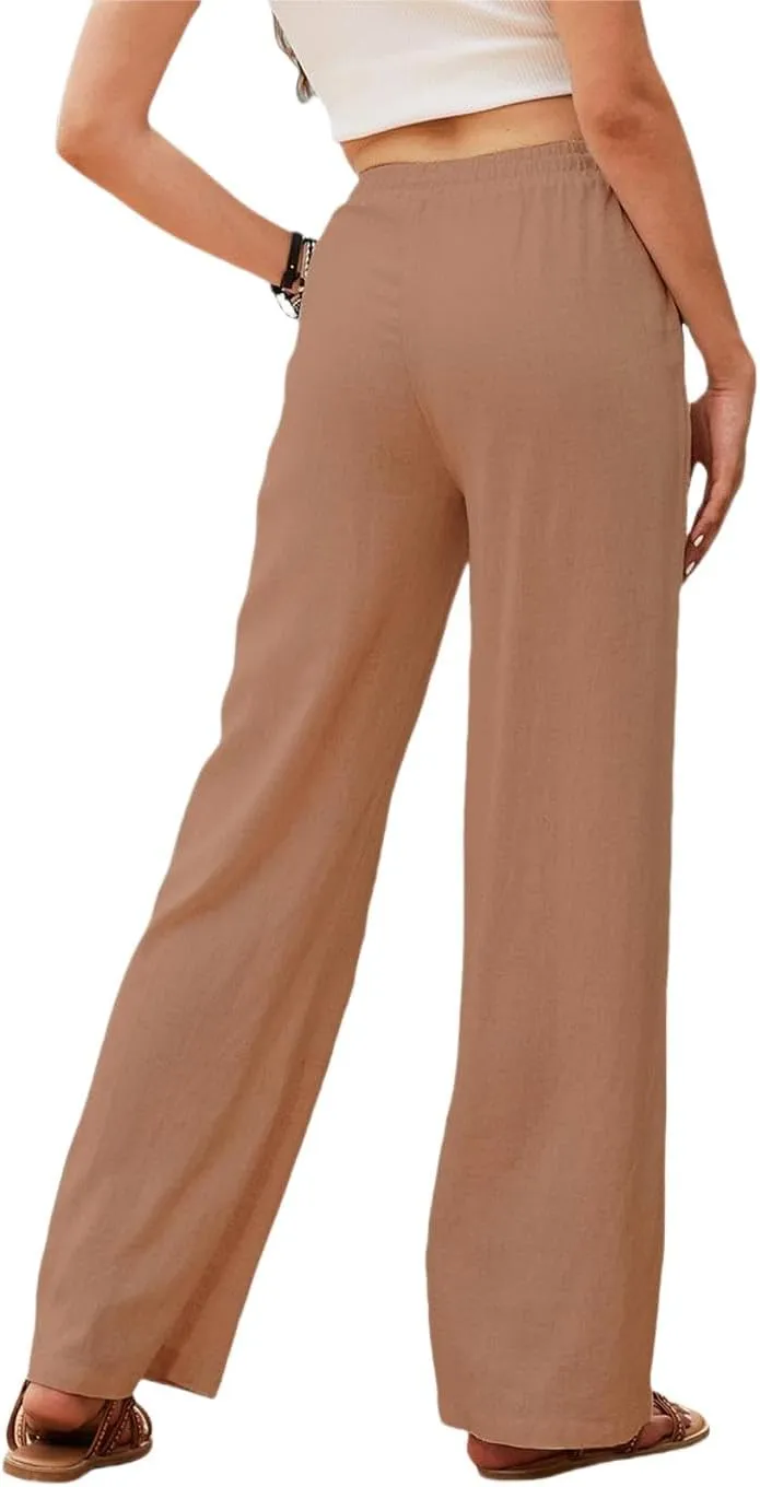 Womens Linen High Waisted Pants Boho Wide Leg Palazzo Beach Pants Drawstring Trousers Summer Outfits