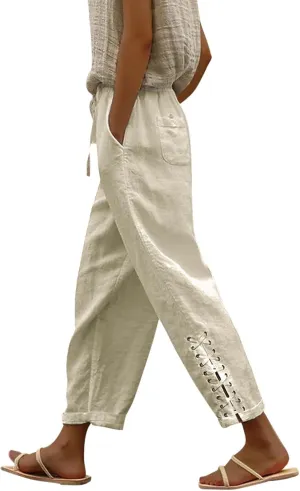 Womens Linen Lace Up Pants Casual Baggy Pockets Drawstring High Waist Wide Leg Trousers Summer Beach Lounge Bottoms Khaki