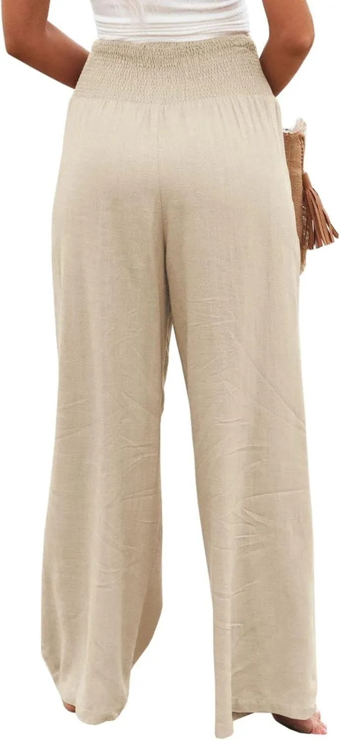 Womens Linen Palazzo Pants Lightweight High Waisted Wide Leg Pant Lounge Flowy Summer Boho Vacation Beach Pant Trousers