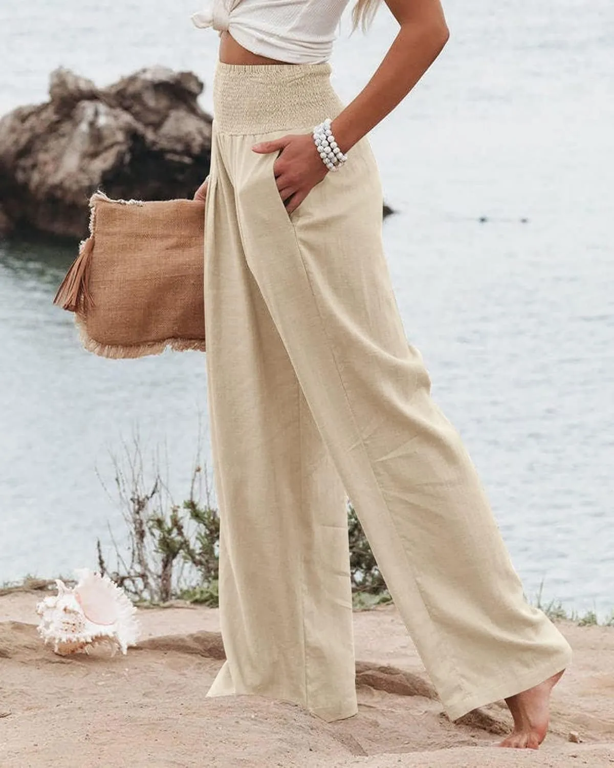 Womens Linen Palazzo Pants Lightweight High Waisted Wide Leg Pant Lounge Flowy Summer Boho Vacation Beach Pant Trousers
