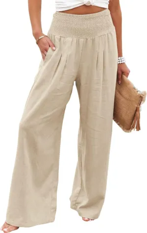 Womens Linen Palazzo Pants Lightweight High Waisted Wide Leg Pant Lounge Flowy Summer Boho Vacation Beach Pant Trousers