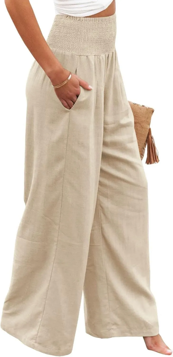 Womens Linen Palazzo Pants Lightweight High Waisted Wide Leg Pant Lounge Flowy Summer Boho Vacation Beach Pant Trousers