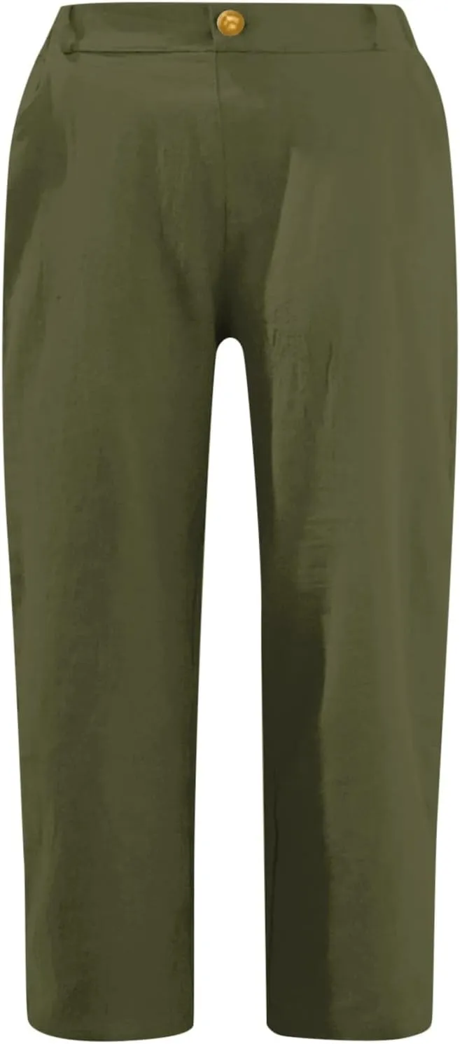 Womens Linen Pants Casual Loose High Waist Summer Beach Travel Vacation Harem Trousers Capri Cropped with Pockets