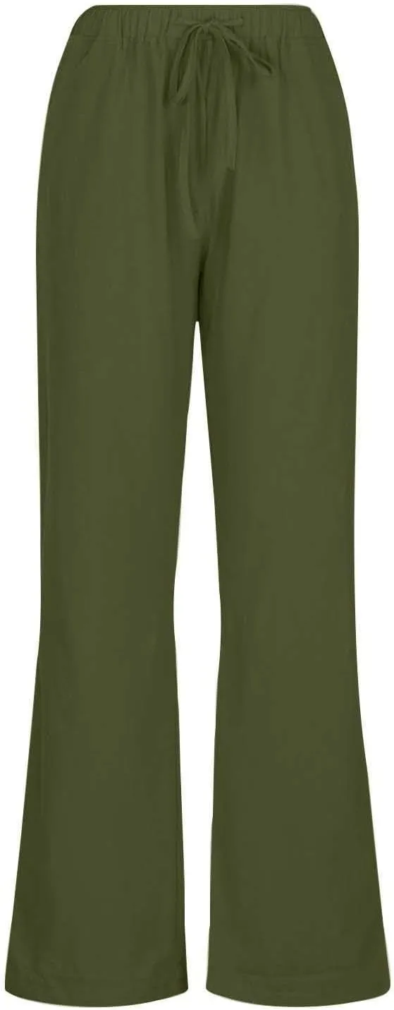 Womens Linen Pants Casual Wide Leg Drawstring Boho Pant High Waisted Summer Beach Trousers Loose Fit Lounge Palazzo
