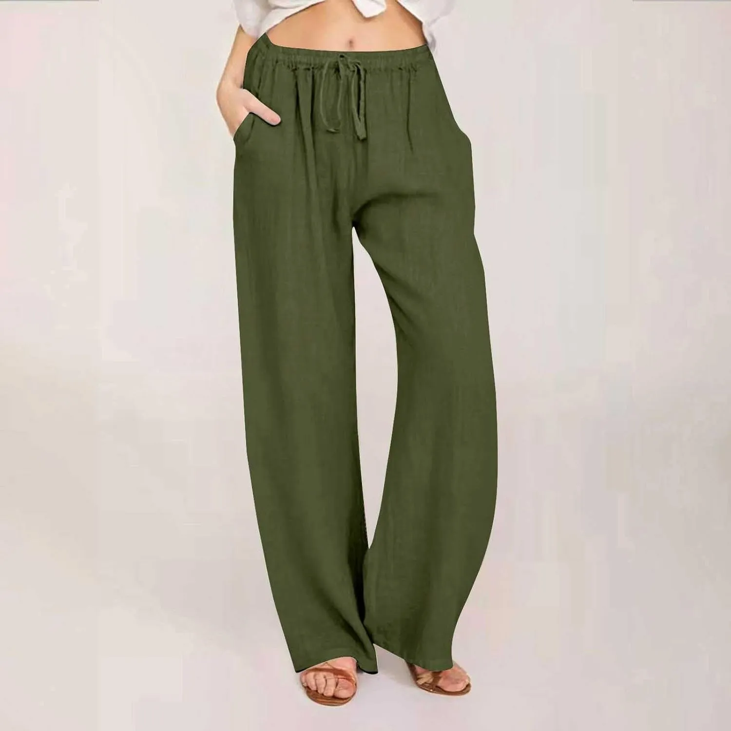 Womens Linen Pants Casual Wide Leg Drawstring Boho Pant High Waisted Summer Beach Trousers Loose Fit Lounge Palazzo