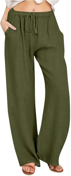 Womens Linen Pants Casual Wide Leg Drawstring Boho Pant High Waisted Summer Beach Trousers Loose Fit Lounge Palazzo