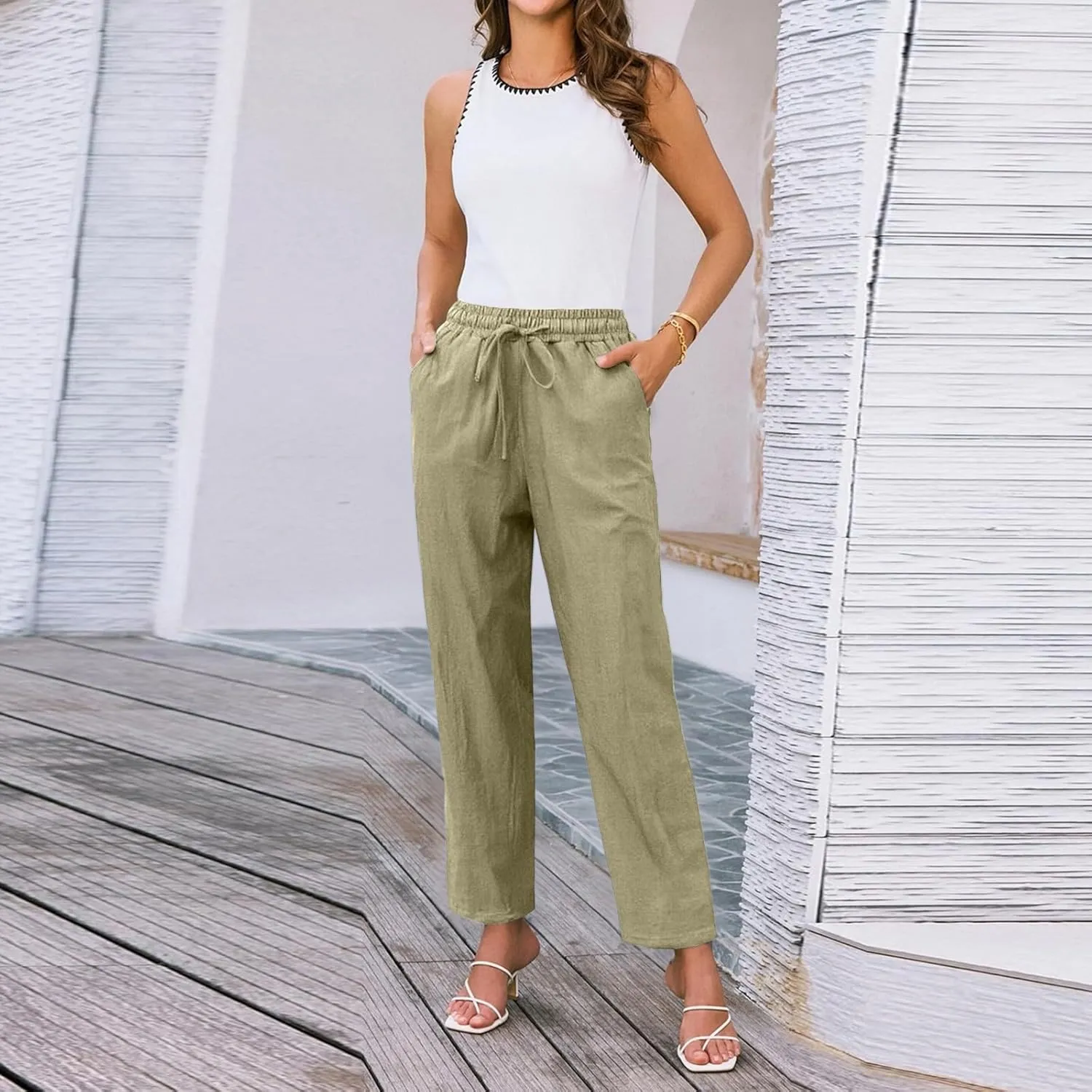 Womens Linen Pants Straight Leg Elastic Drawstring Casual Trousers with Pockets Summer Beach Lounge Pants
