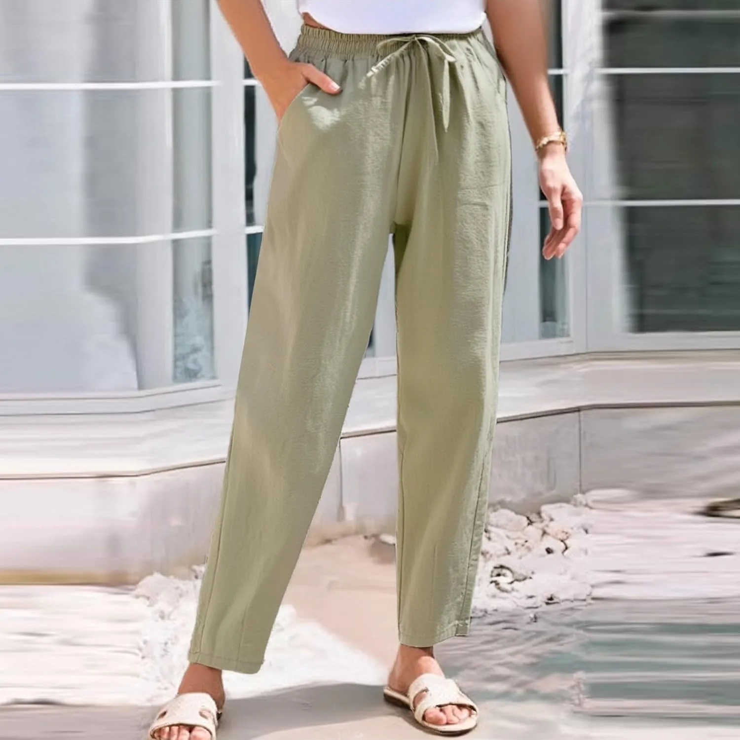 Womens Linen Pants Straight Leg Elastic Drawstring Casual Trousers with Pockets Summer Beach Lounge Pants