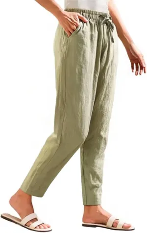 Womens Linen Pants Straight Leg Elastic Drawstring Casual Trousers with Pockets Summer Beach Lounge Pants