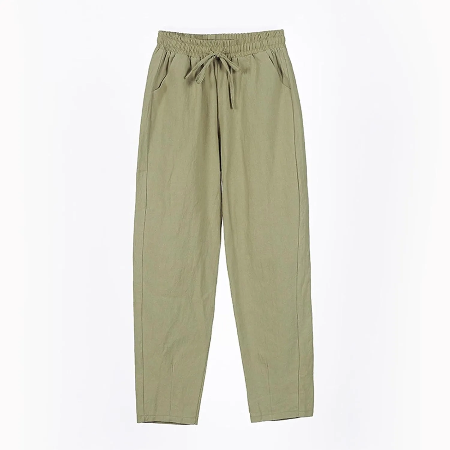 Womens Linen Pants Straight Leg Elastic Drawstring Casual Trousers with Pockets Summer Beach Lounge Pants