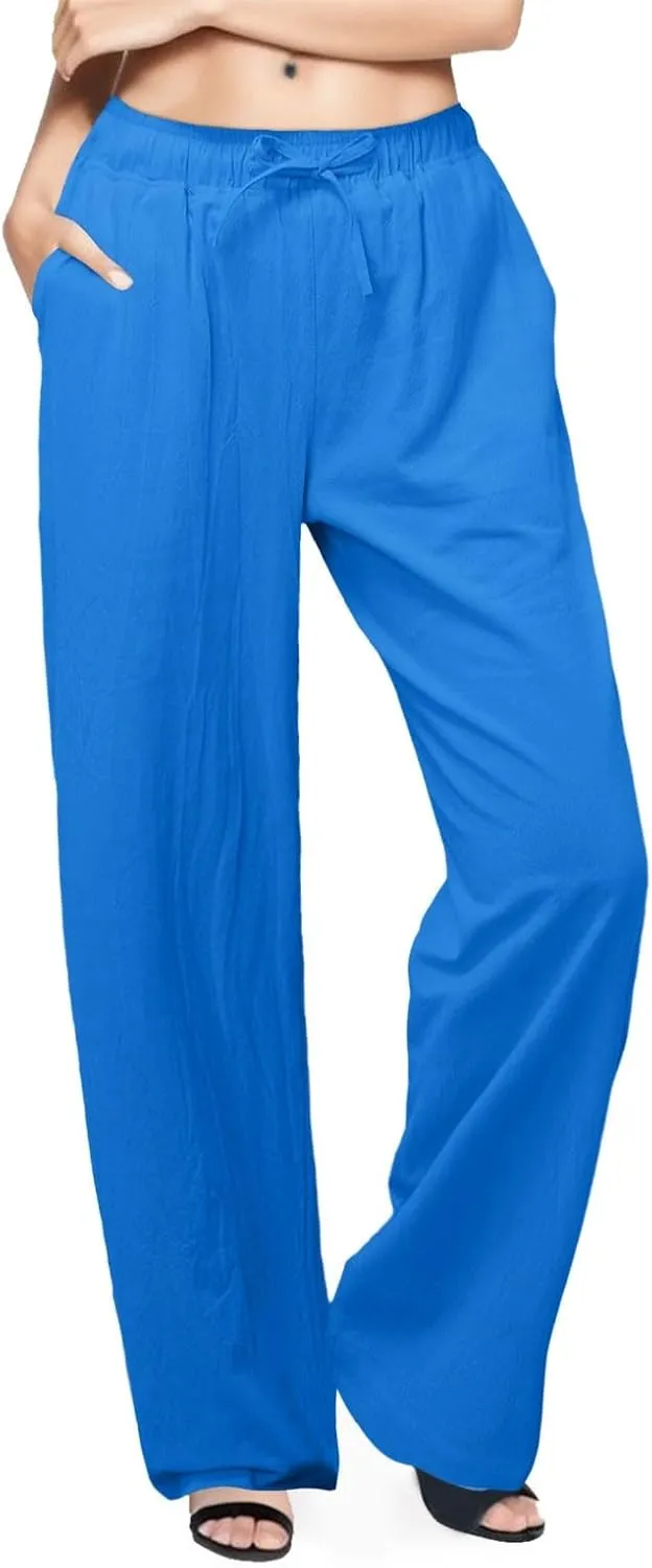 Womens Linen Summer Casual Flowy Palazzo Lounge Pants Elastic Waisted Baggy Stretchy Plus Size Palazzo
