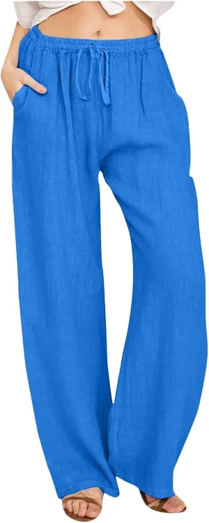 Womens Linen Summer Casual Flowy Palazzo Lounge Pants Elastic Waisted Baggy Stretchy Plus Size Palazzo