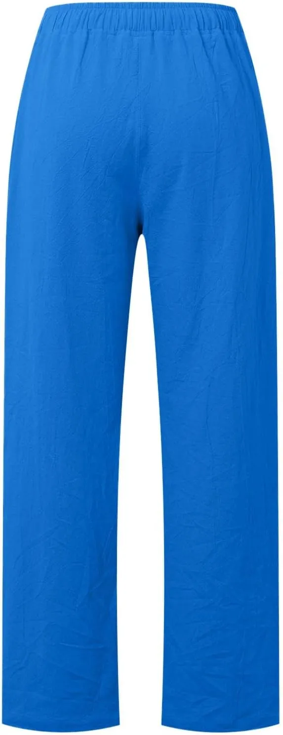 Womens Linen Summer Casual Flowy Palazzo Lounge Pants Elastic Waisted Baggy Stretchy Plus Size Palazzo
