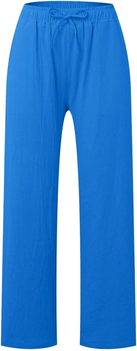 Womens Linen Summer Casual Flowy Palazzo Lounge Pants Elastic Waisted Baggy Stretchy Plus Size Palazzo