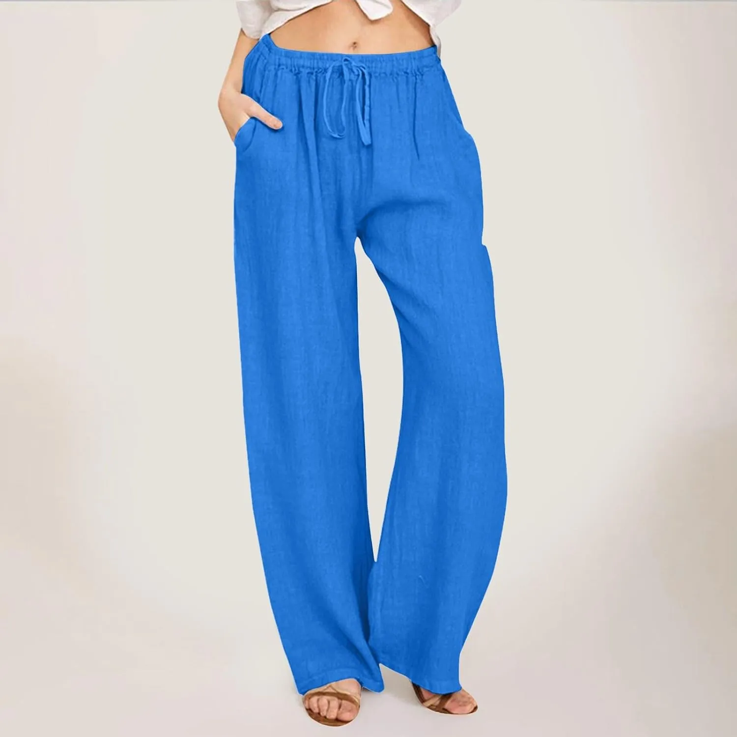 Womens Linen Summer Casual Flowy Palazzo Lounge Pants Elastic Waisted Baggy Stretchy Plus Size Palazzo