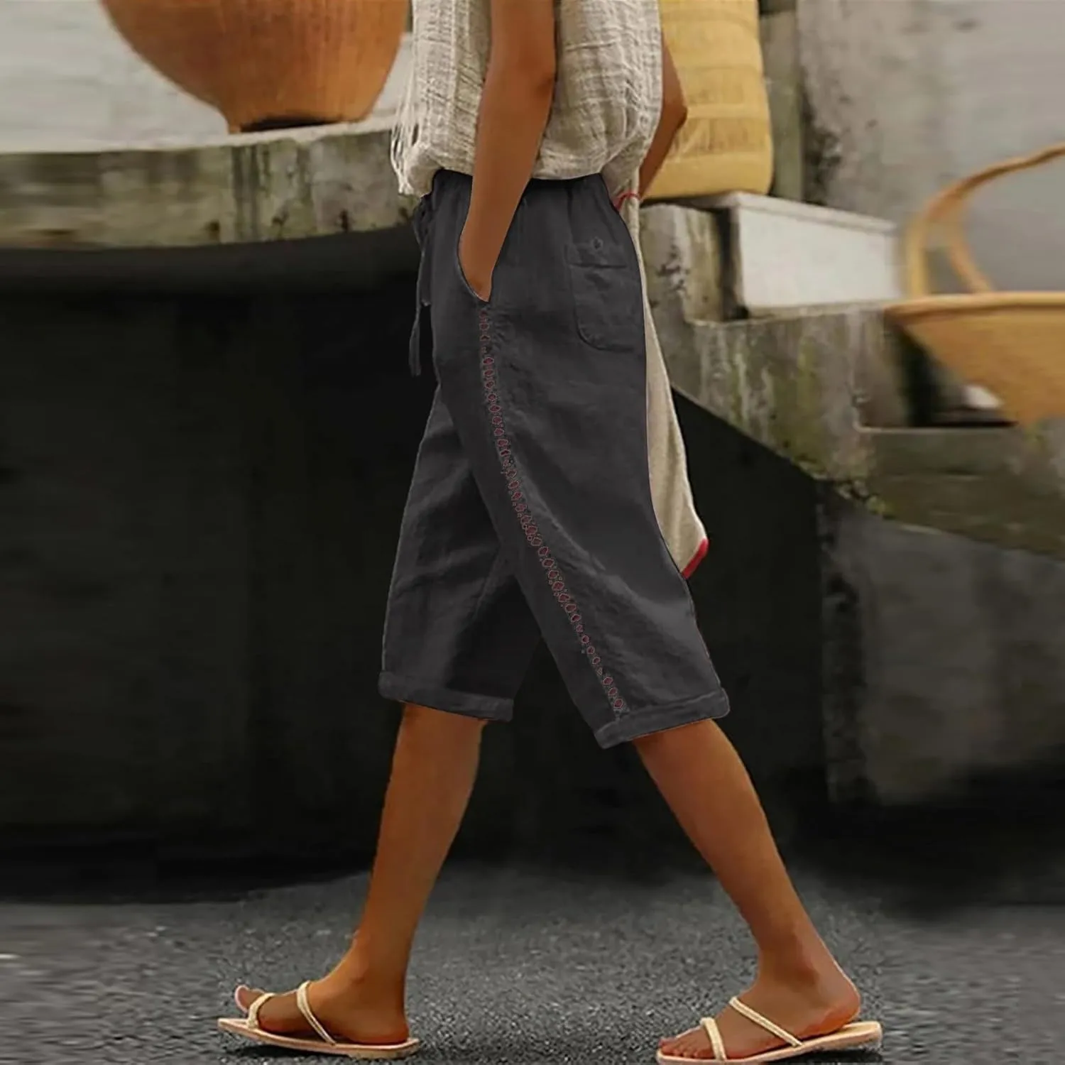 Women's Linen Summer Flowy Palazzo Pants Low Waist Bootcut Slim-Fit Palazzo Pants Work Business