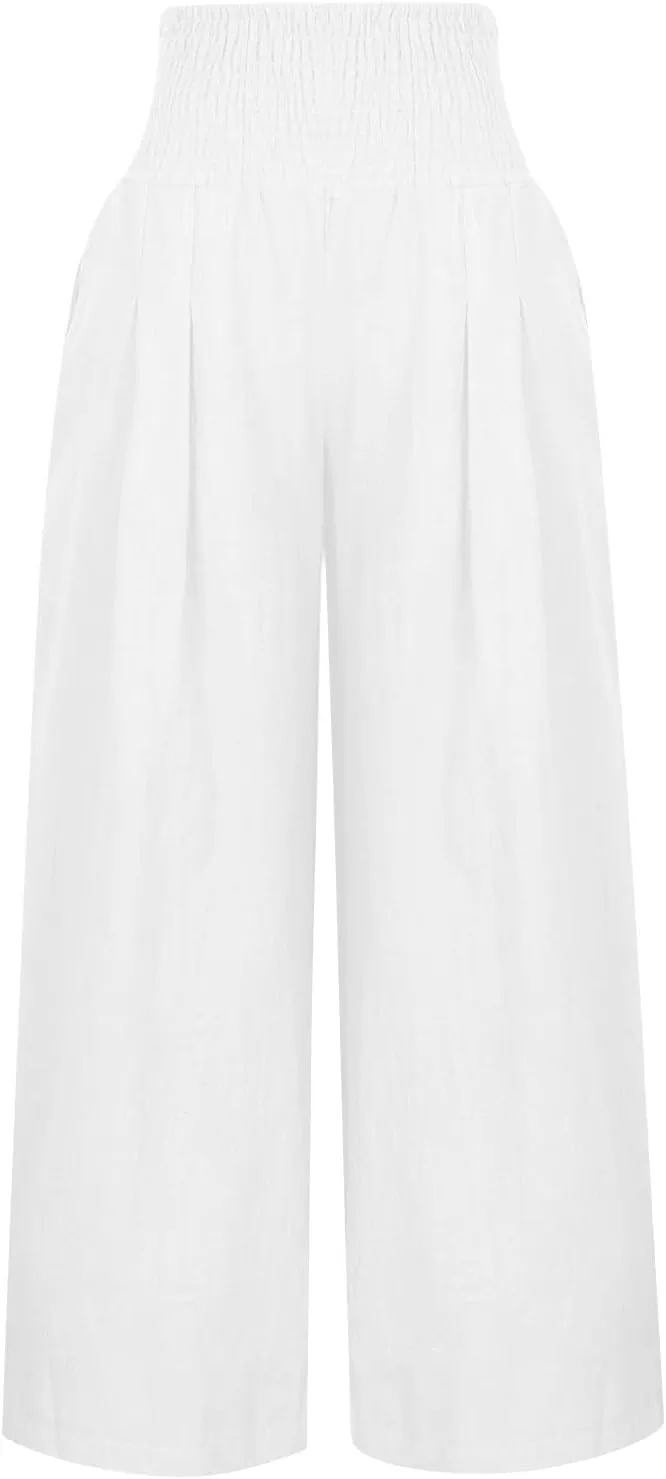 Womens Linen Summer Letter Patched Palazzo Lounge Pants High Waist Wide Leg Slim-Fit Palazzo Pants Beach