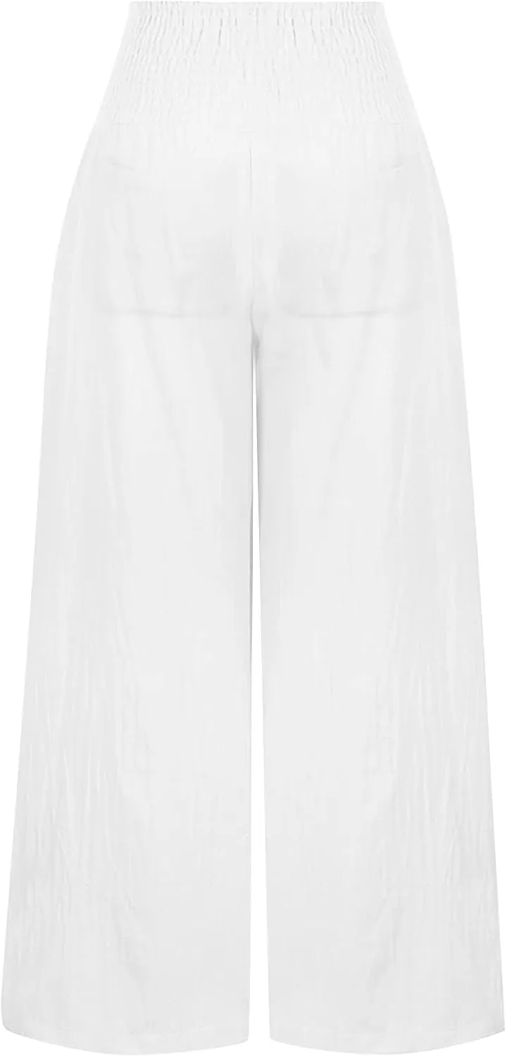 Womens Linen Summer Letter Patched Palazzo Lounge Pants High Waist Wide Leg Slim-Fit Palazzo Pants Beach
